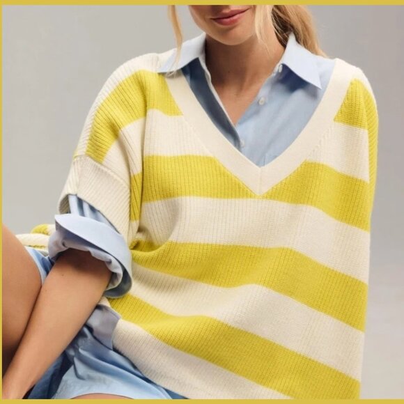 MAEVE Anthropologie Yellow/White Striped Knit Top Sweater - Size L - Picture 2 of 6